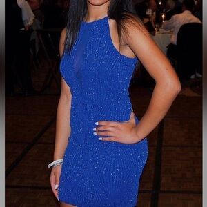 electric blue halter dress